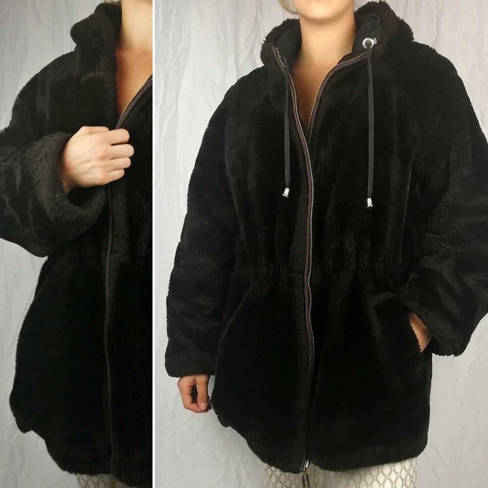 Oversize faux fur dark brown teddy coat with hood - Picture 1 of 10